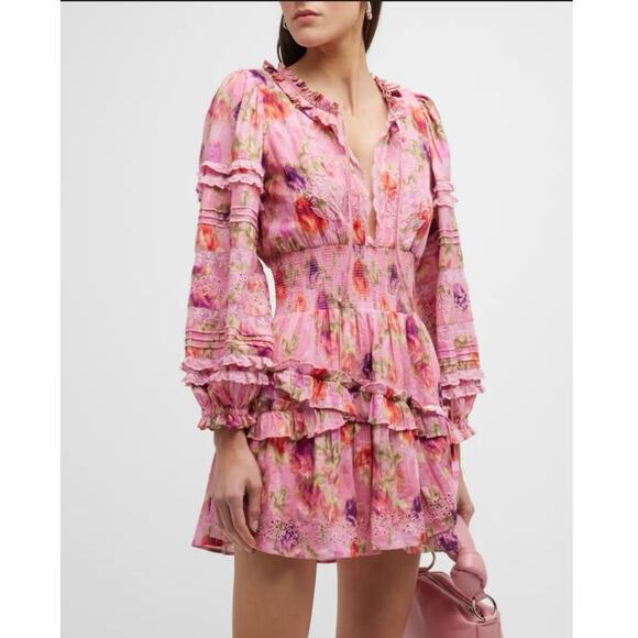 LoveShackFancy Clarkie Puff Sleeve Embroidered Lace Mini Dress Boho Medium - Picture 1 of 13